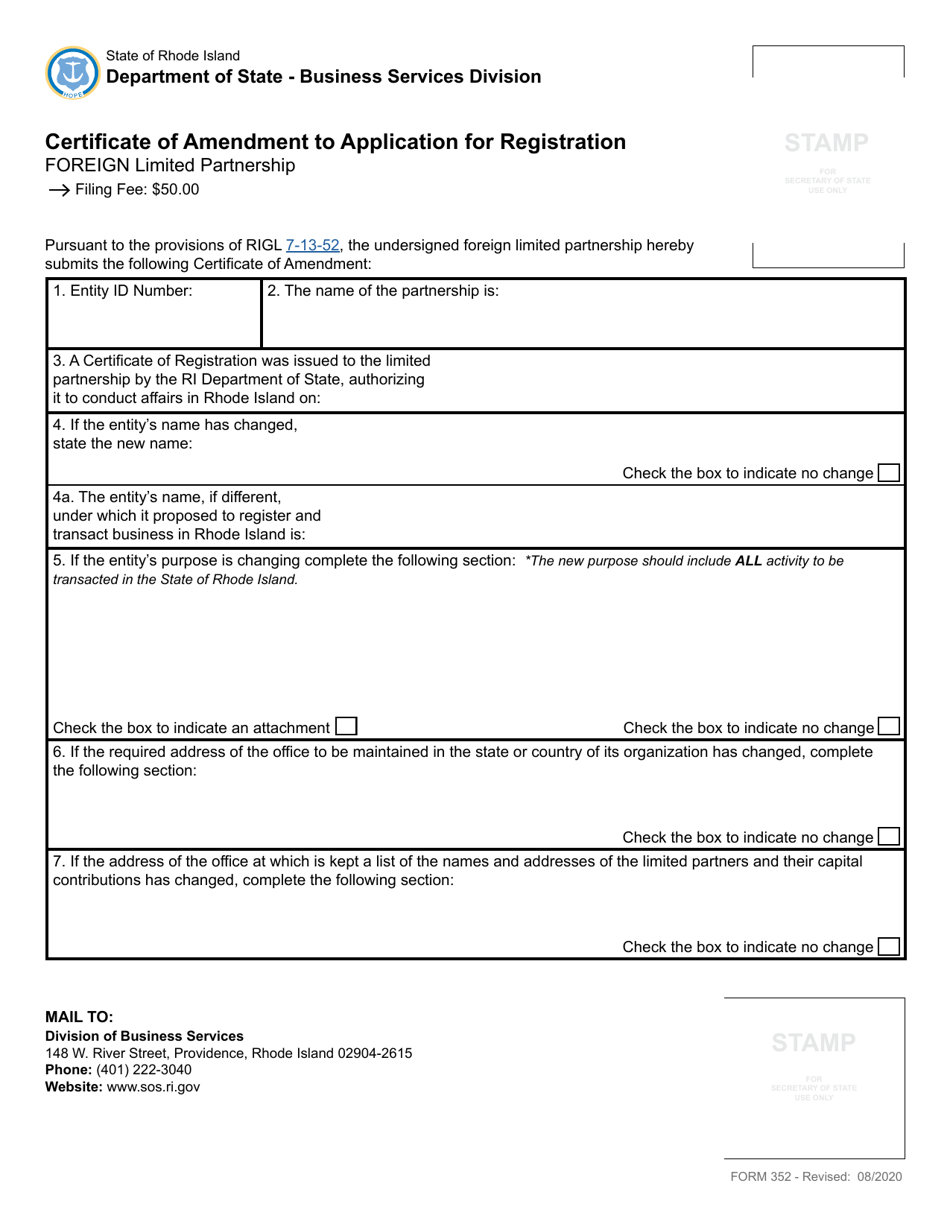 Form 352 Certificate of Amendment to Application for Registration of a Foreign Limited Partnership - Rhode Island, Page 2