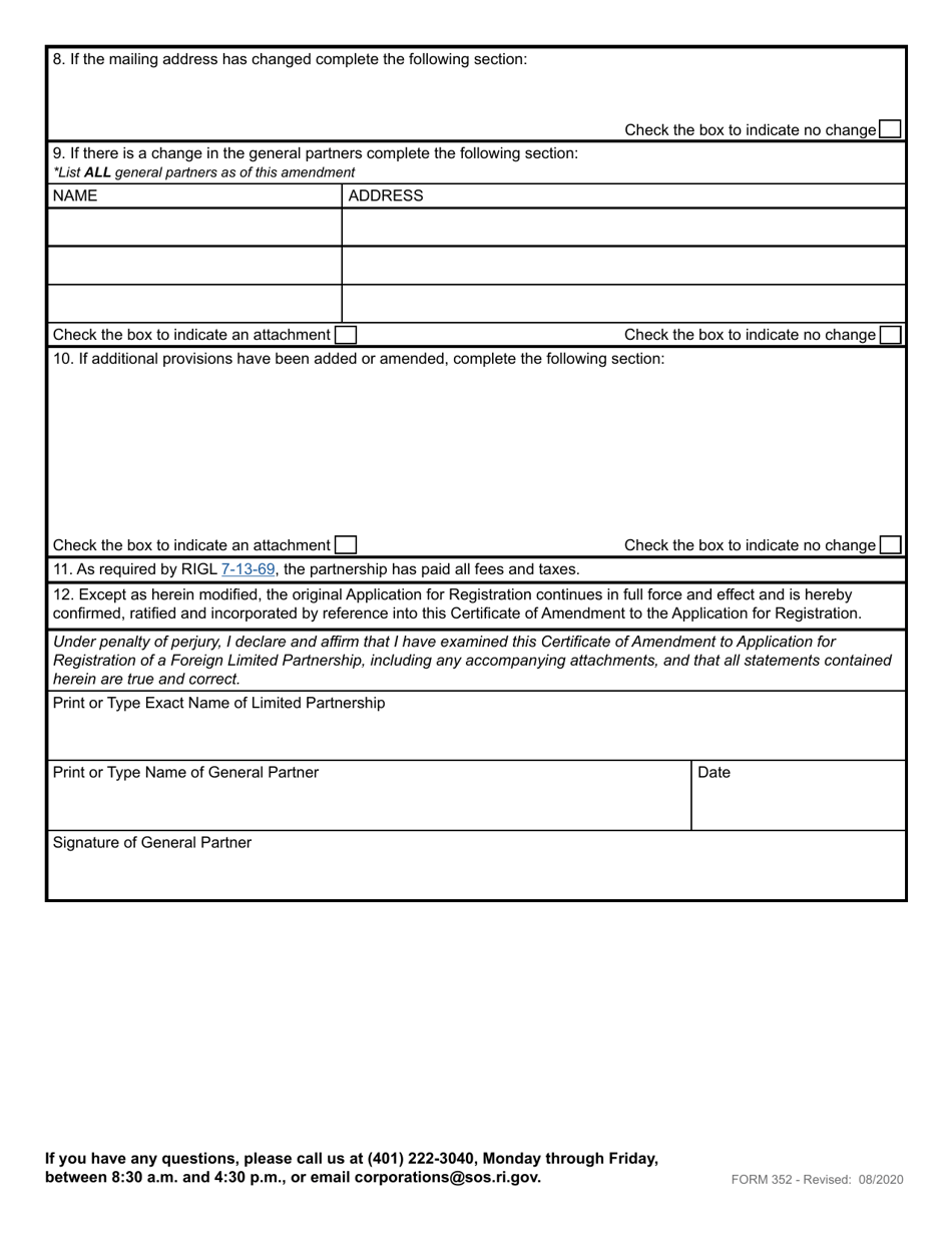 Form 352 Certificate of Amendment to Application for Registration of a Foreign Limited Partnership - Rhode Island, Page 3