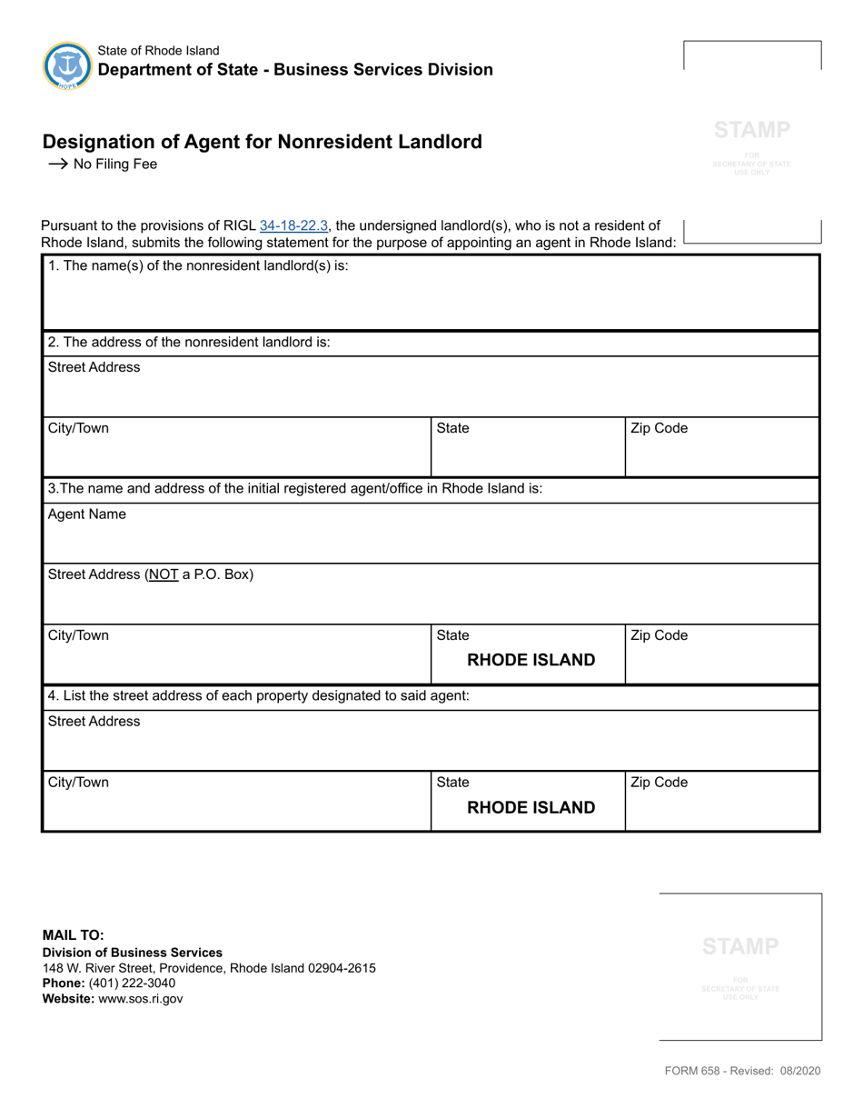 Form 658 Designation of Agent for Nonresident Landlord - Rhode Island, Page 2