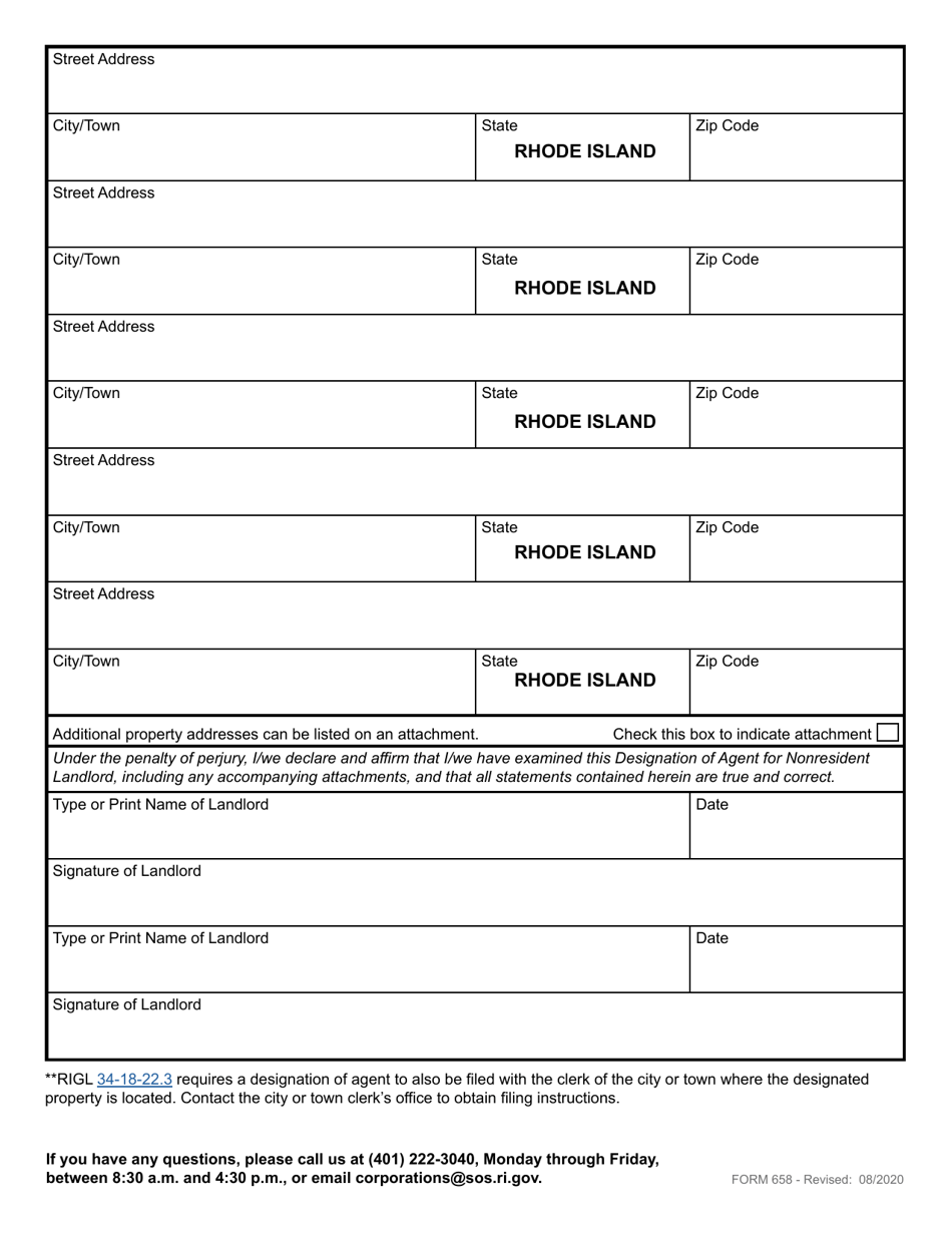Form 658 Designation of Agent for Nonresident Landlord - Rhode Island, Page 3