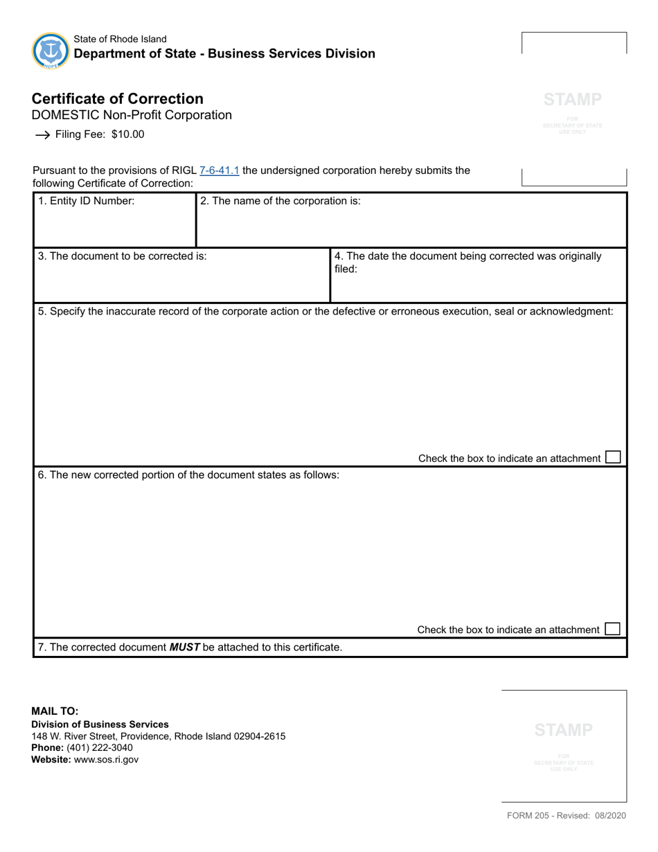 Form 205 Certificate of Correction for a Domestic Non-profit Corporation - Rhode Island, Page 2