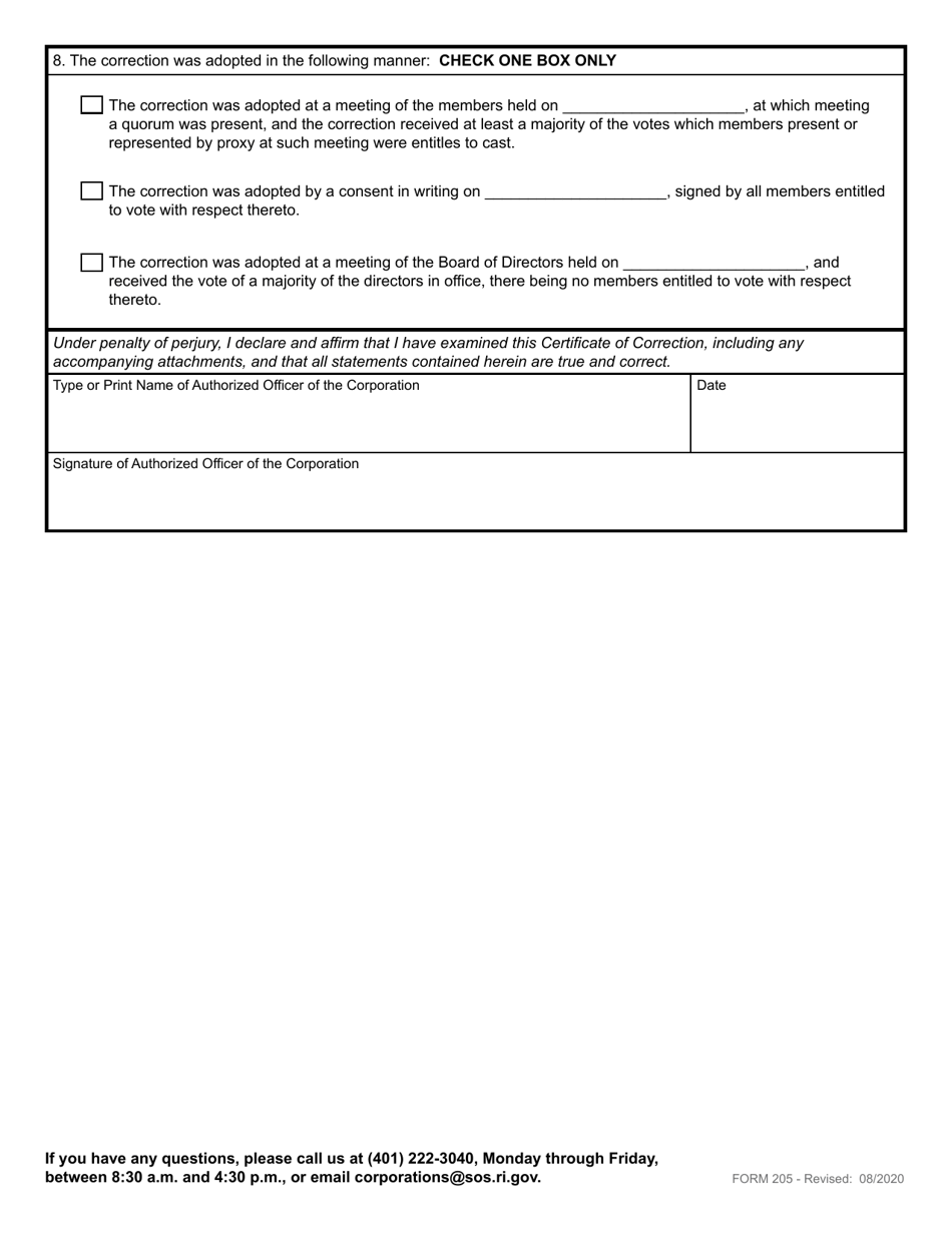 Form 205 Certificate of Correction for a Domestic Non-profit Corporation - Rhode Island, Page 3