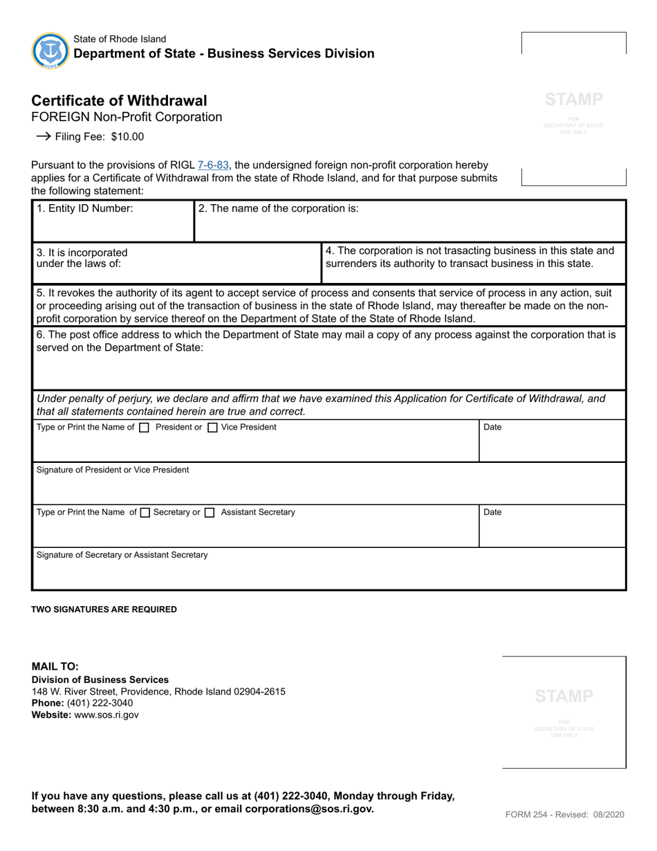 Form 254 Application for Certificate of Withdrawal for a Foreign Non-profit Corporation - Rhode Island, Page 2