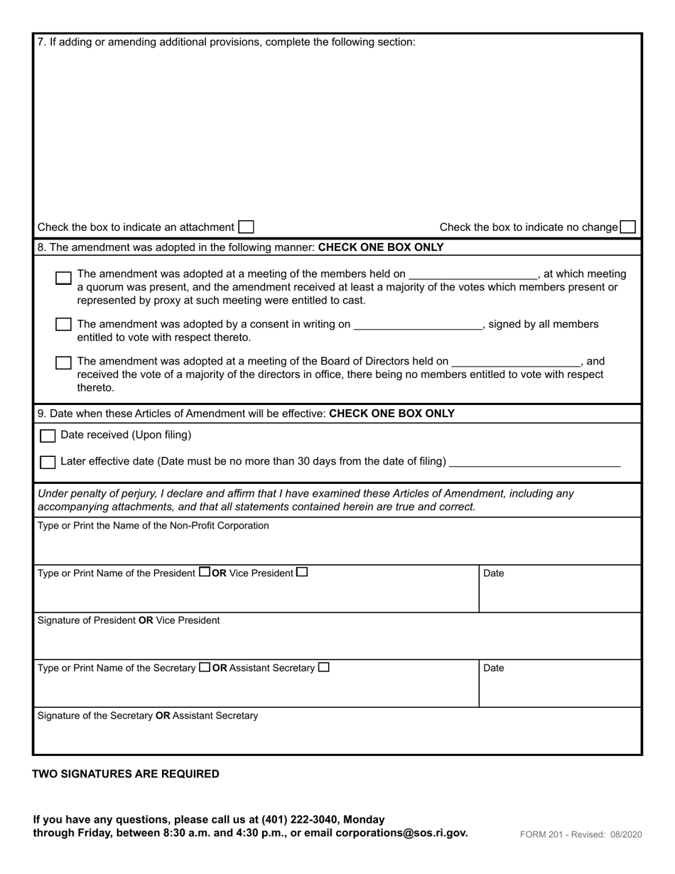 Form 201 Articles of Amendment for a Domestic Non-profit Corporation - Rhode Island, Page 3