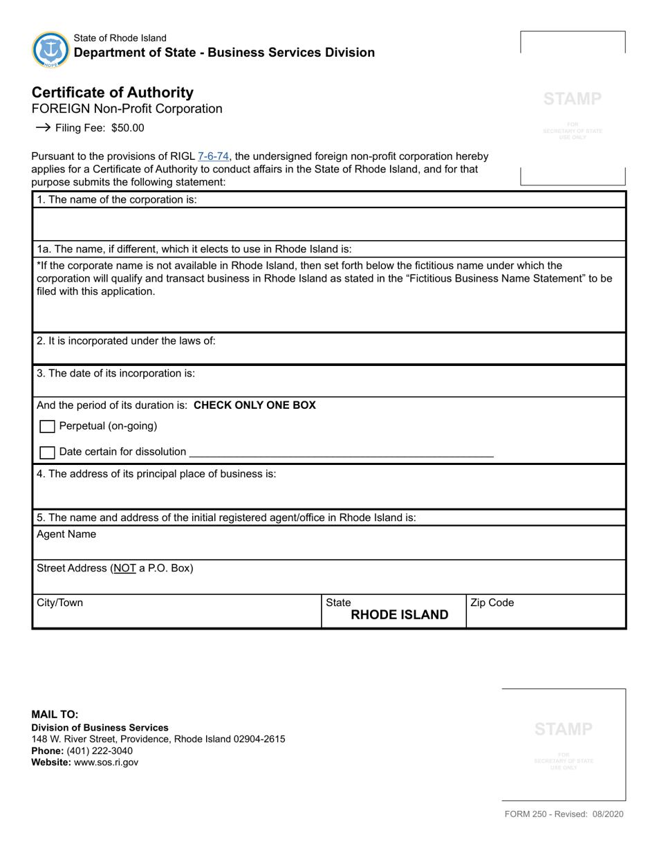 Form 250 Application for Certificate of Authority for a Non-profit Corporation - Rhode Island, Page 2