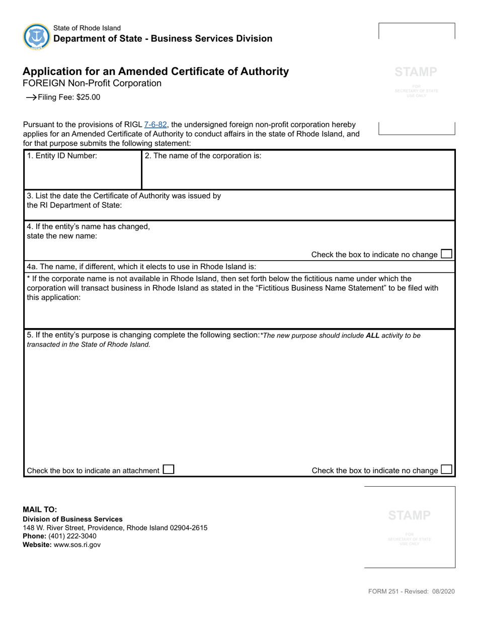 Form 251 Application for an Amended Certificate of Authority for a Foreign Non-profit Corporation - Rhode Island, Page 2