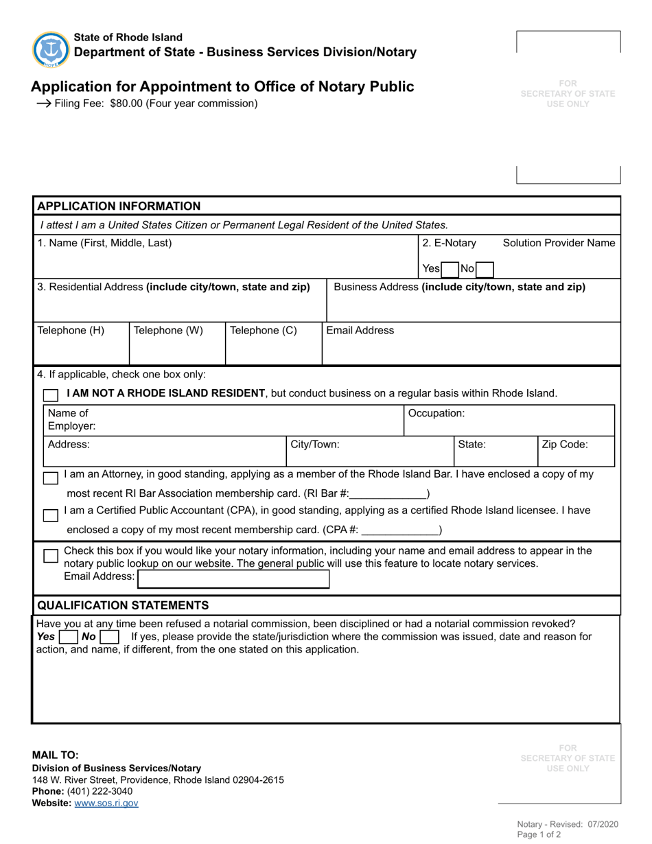 Application for Appointment to Office of Notary Public - Rhode Island, Page 2