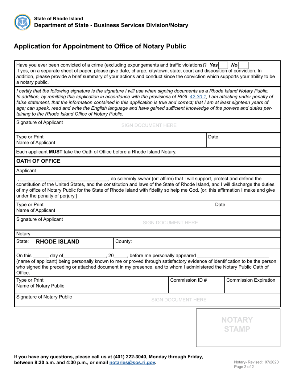 Application for Appointment to Office of Notary Public - Rhode Island, Page 3