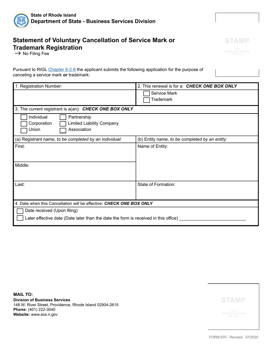 Form 670 Statement of Voluntary Cancellation of Service Mark or Trademark Registration - Rhode Island, Page 2