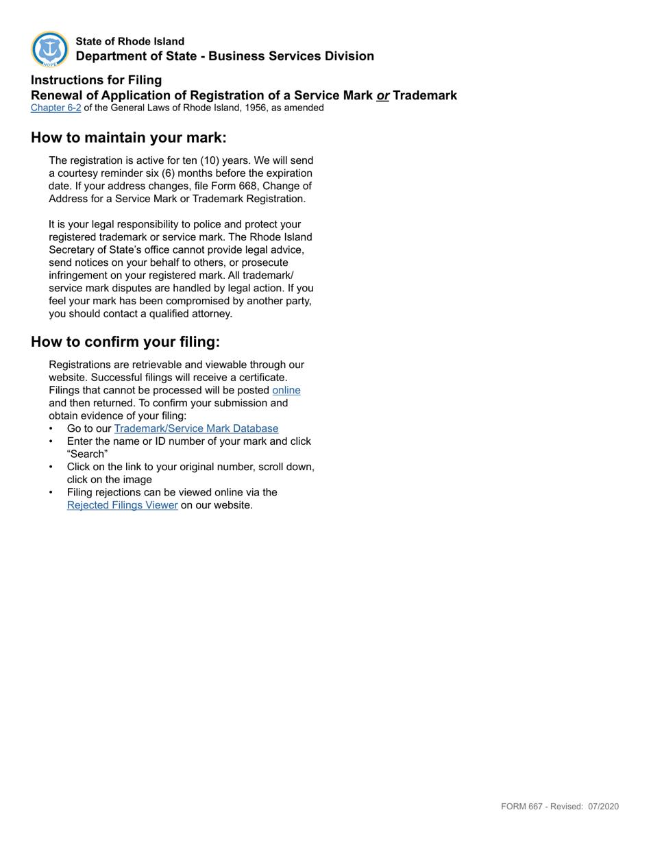 Form 667 Renewal of Application of Registration of a Service Mark or Trademark - Rhode Island, Page 2