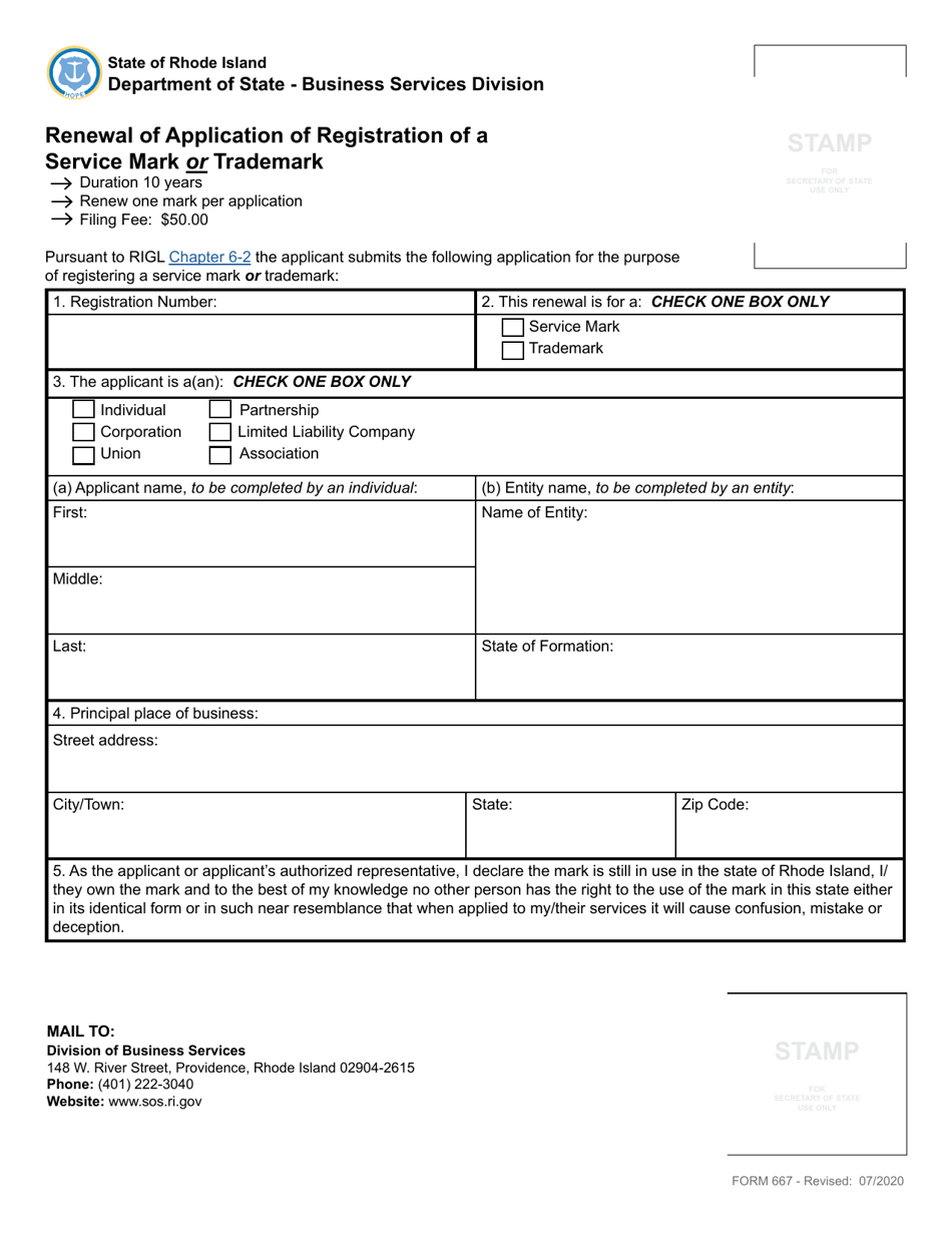 Form 667 Renewal of Application of Registration of a Service Mark or Trademark - Rhode Island, Page 3