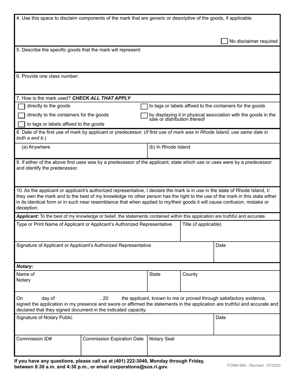 Form 666 Application for the Registration of a Trademark - Rhode Island, Page 5