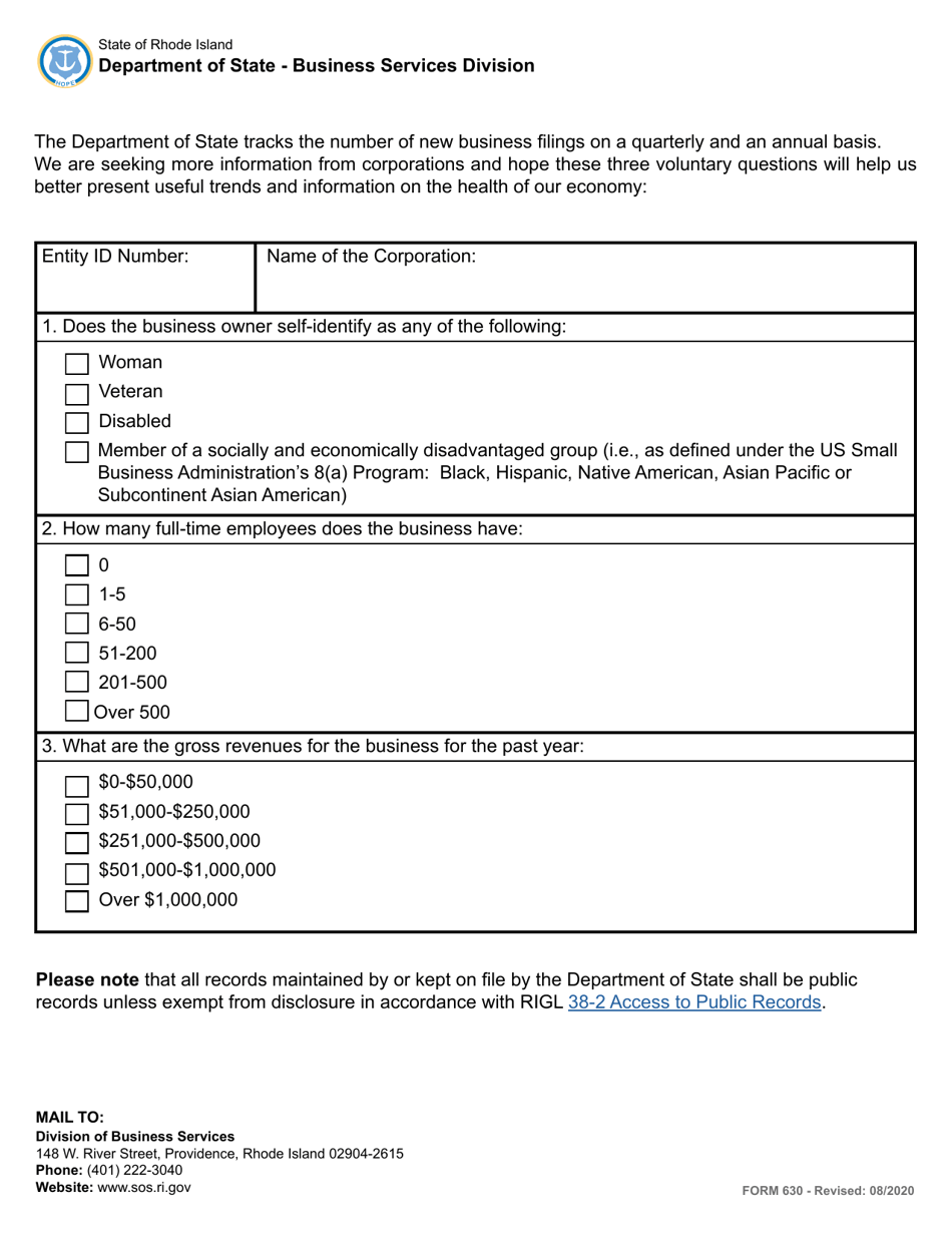Form 630 Annual Report for a Corporation - Rhode Island, Page 3