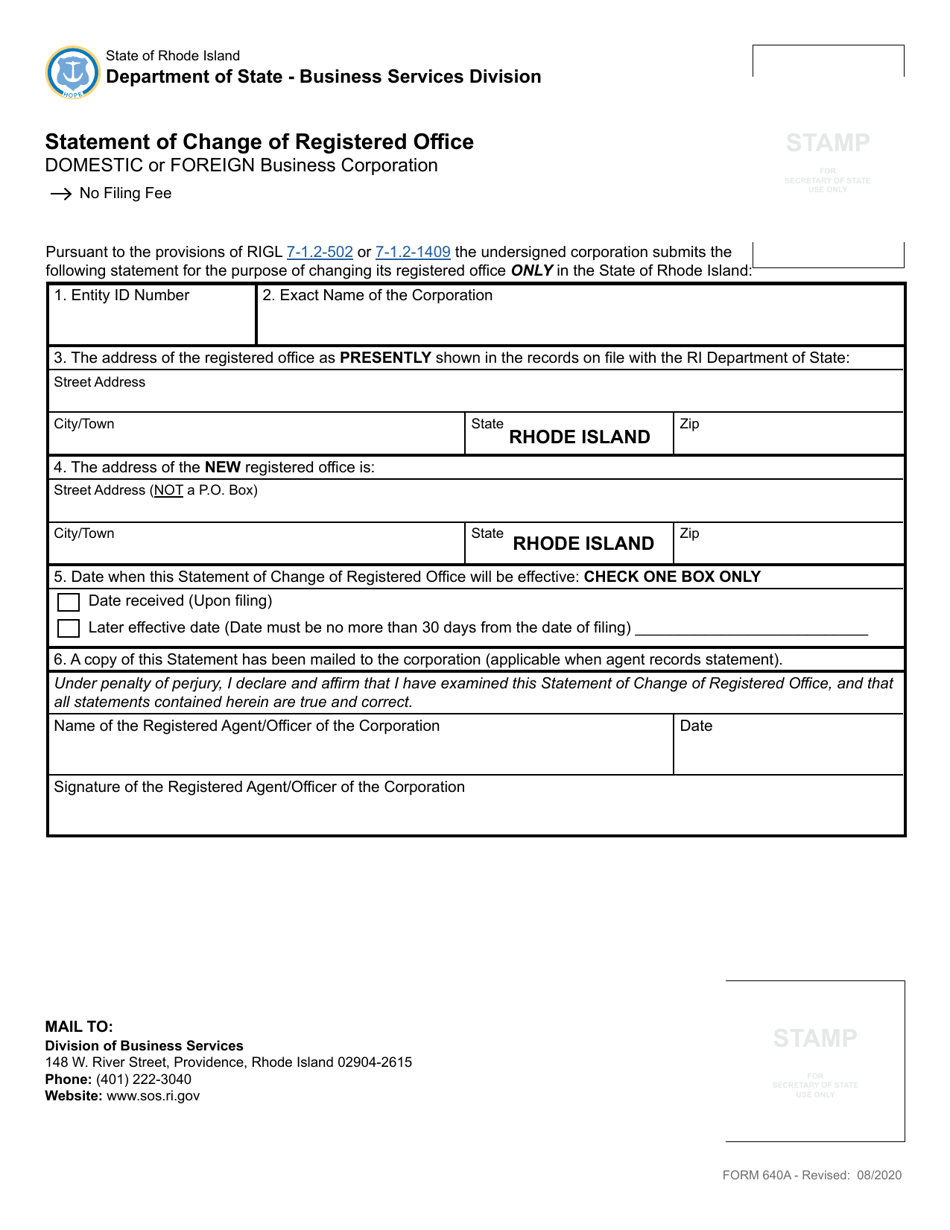 Form 640A Business Corporation Statement of Change of Registered Office - Rhode Island, Page 2