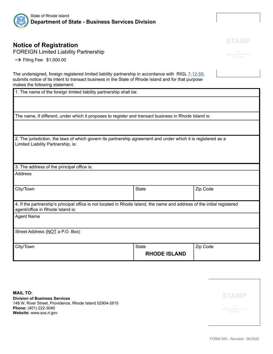 Form 550 Notice of Foreign Registered Limited Liability Partnership - Rhode Island, Page 3