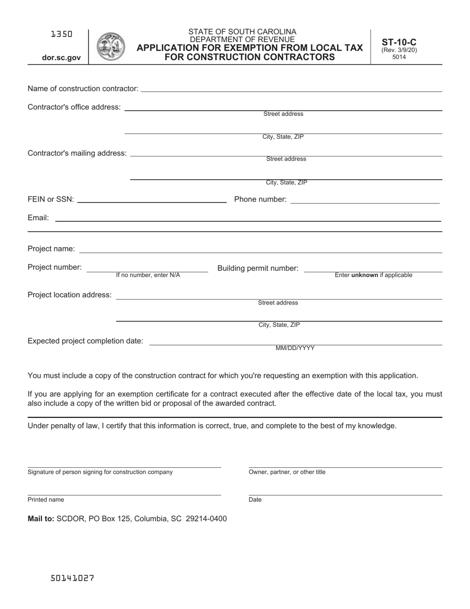 Form ST-10-C Application for Exemption From Local Tax for Construction Contractors - South Carolina, Page 1