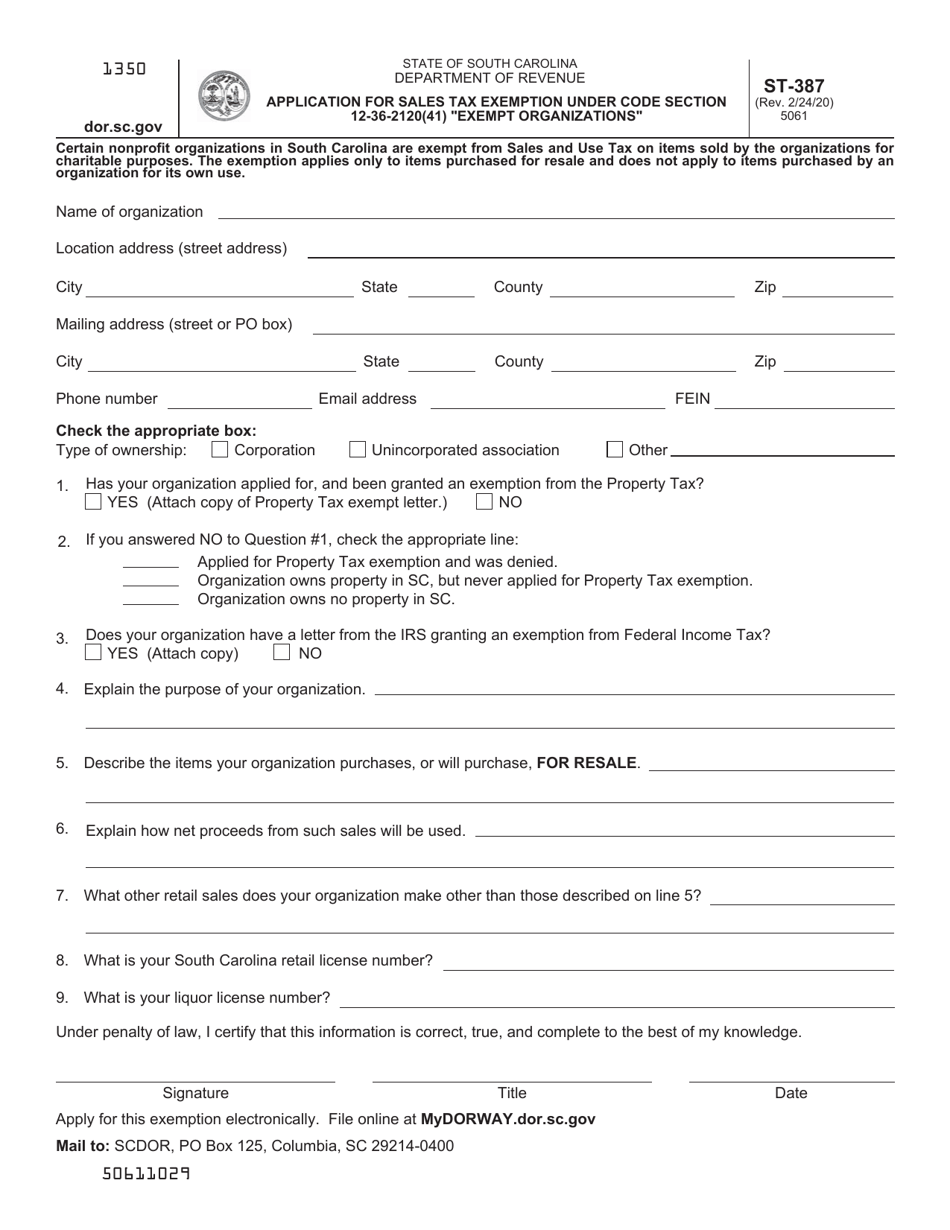 Form ST-387 Application for Sales Tax Exemption Under Code Section 12-36-2120(41) exempt Organizations - South Carolina, Page 1