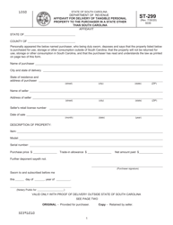 Document preview: Form ST-299 Affidavit for Delivery of Tangible Personal Property to the Purchaser in a State Other Than South Carolina - South Carolina