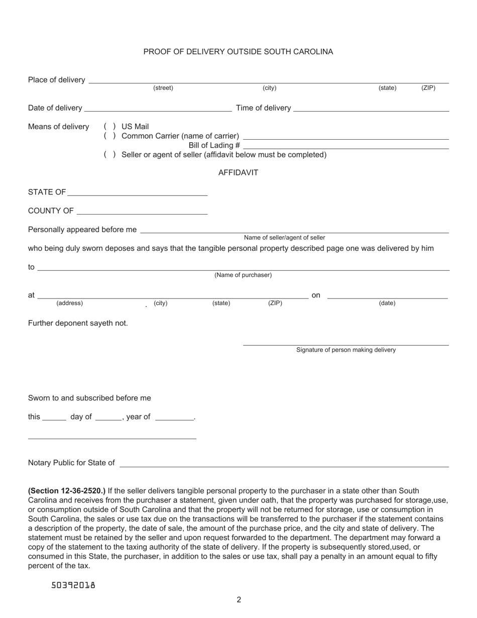 Form ST-299 Affidavit for Delivery of Tangible Personal Property to the Purchaser in a State Other Than South Carolina - South Carolina, Page 2