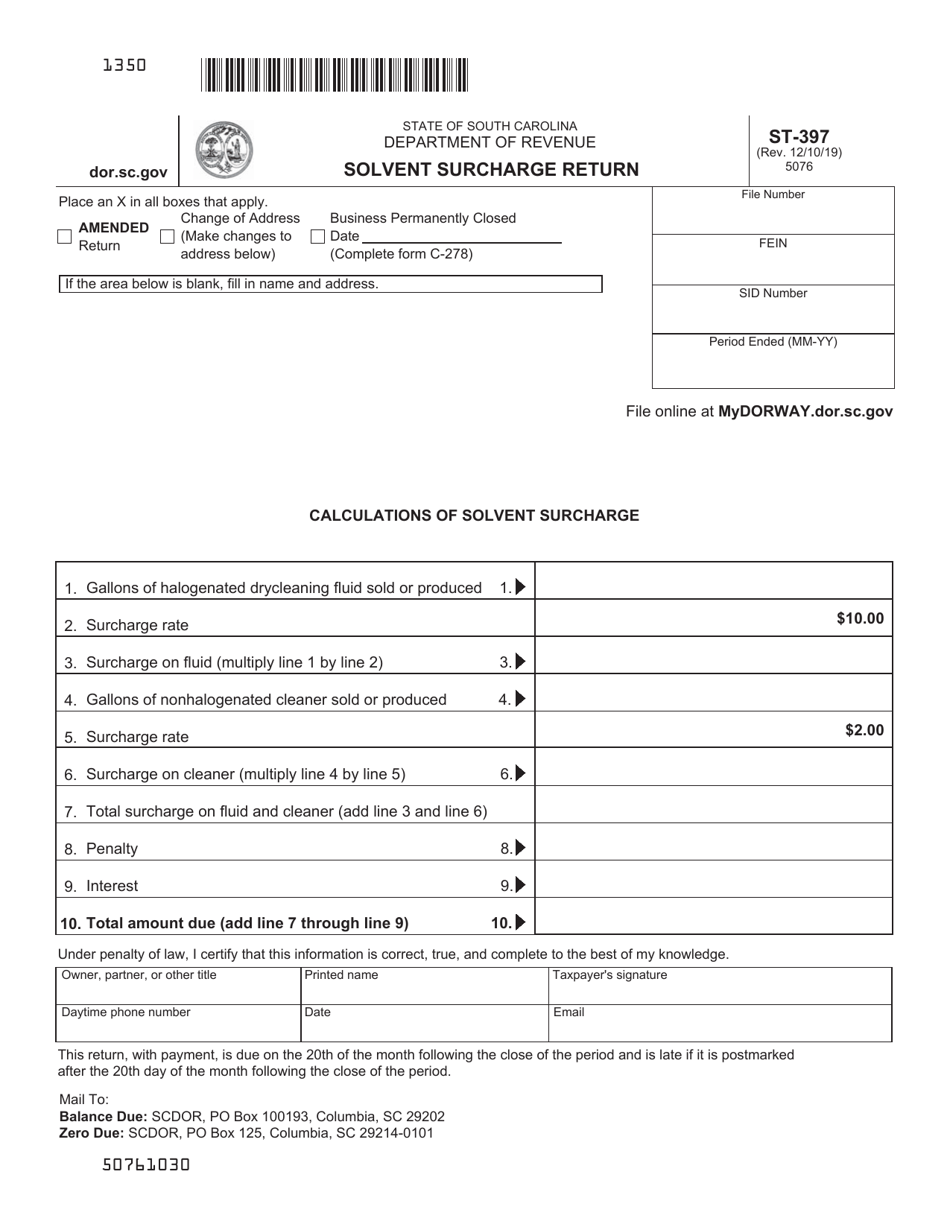 Form ST-397 Solvent Surcharge Return - South Carolina, Page 1