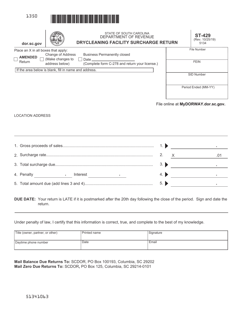 Form ST-429 Drycleaning Facility Surcharge Return - South Carolina, Page 1