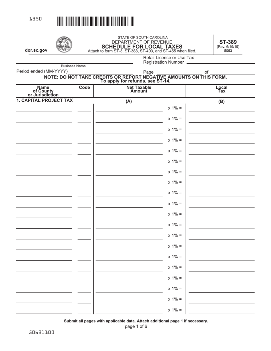 Form ST-389 Schedule for Local Taxes - South Carolina, Page 1