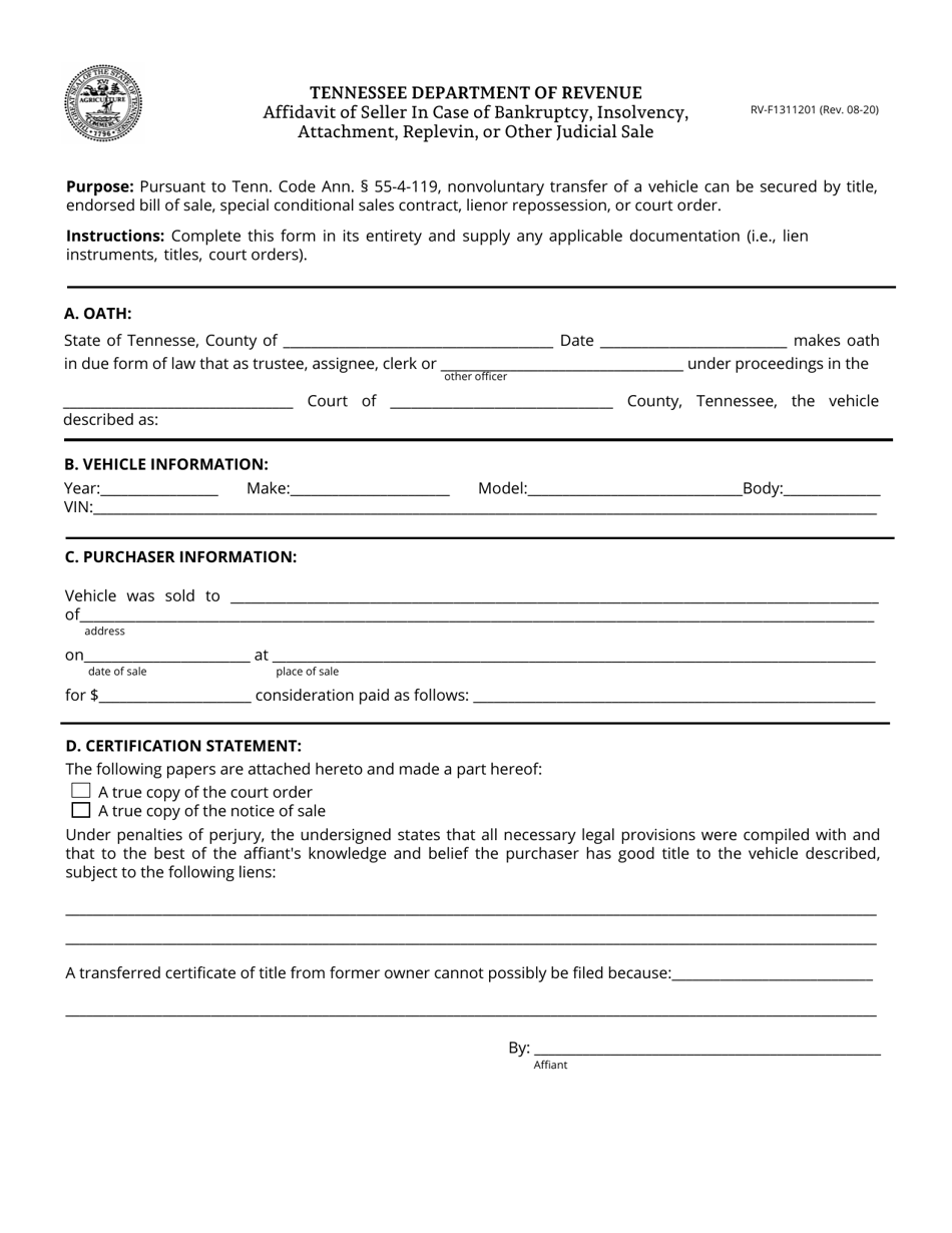 Form RV-F1311201 Affidavit of Seller in Case of Bankruptcy, Insolvency, Attachment, Replevin, or Other Judicial Sale - Tennessee, Page 1