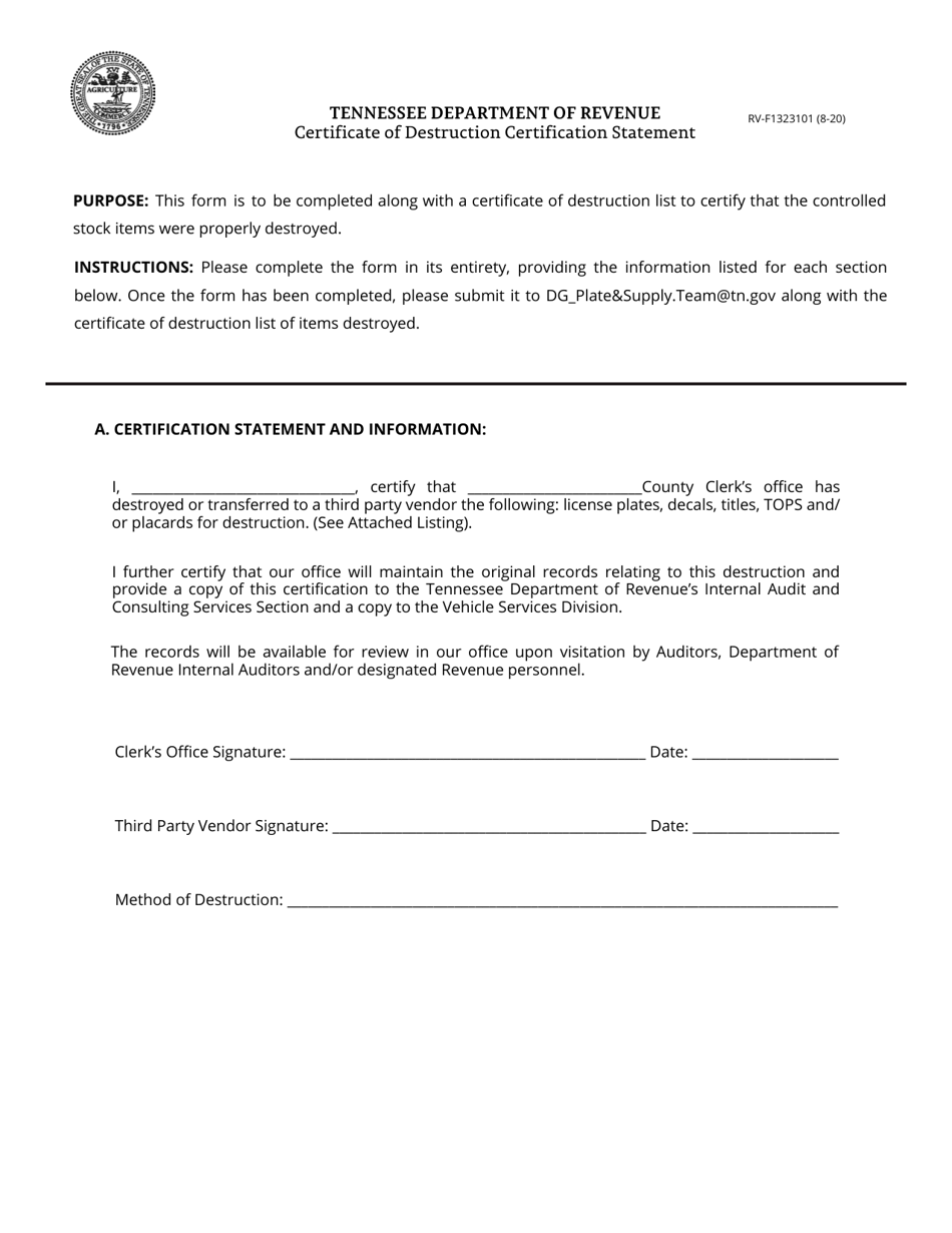 Form RV-F1323101 Certificate of Destruction Certification Statement - Tennessee, Page 1