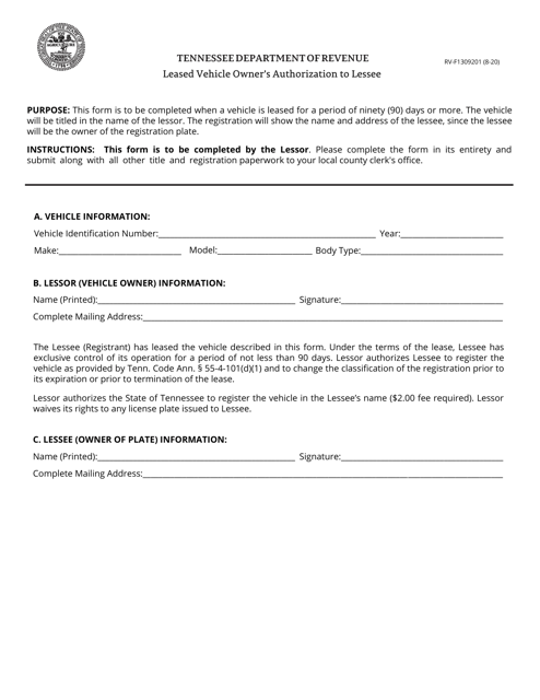 Form RV-F1309201 Leased Vehicle Owner's Authorization to Lessee - Tennessee
