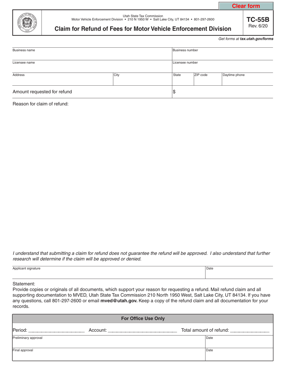 Form TC-55B Claim for Refund of Fees for Motor Vehicle Enforcement Division - Utah, Page 1