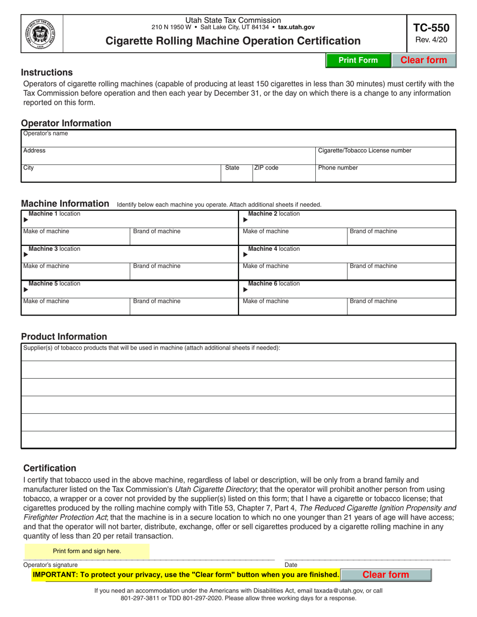 Form TC-550 Cigarette Rolling Machine Operation Certification - Utah, Page 1
