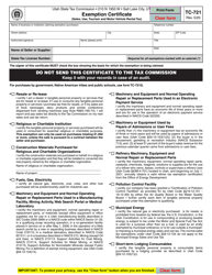 Form TC-721 Exemption Certificate (Sales, Use, Tourism and Motor Vehicle Rental Tax) - Utah