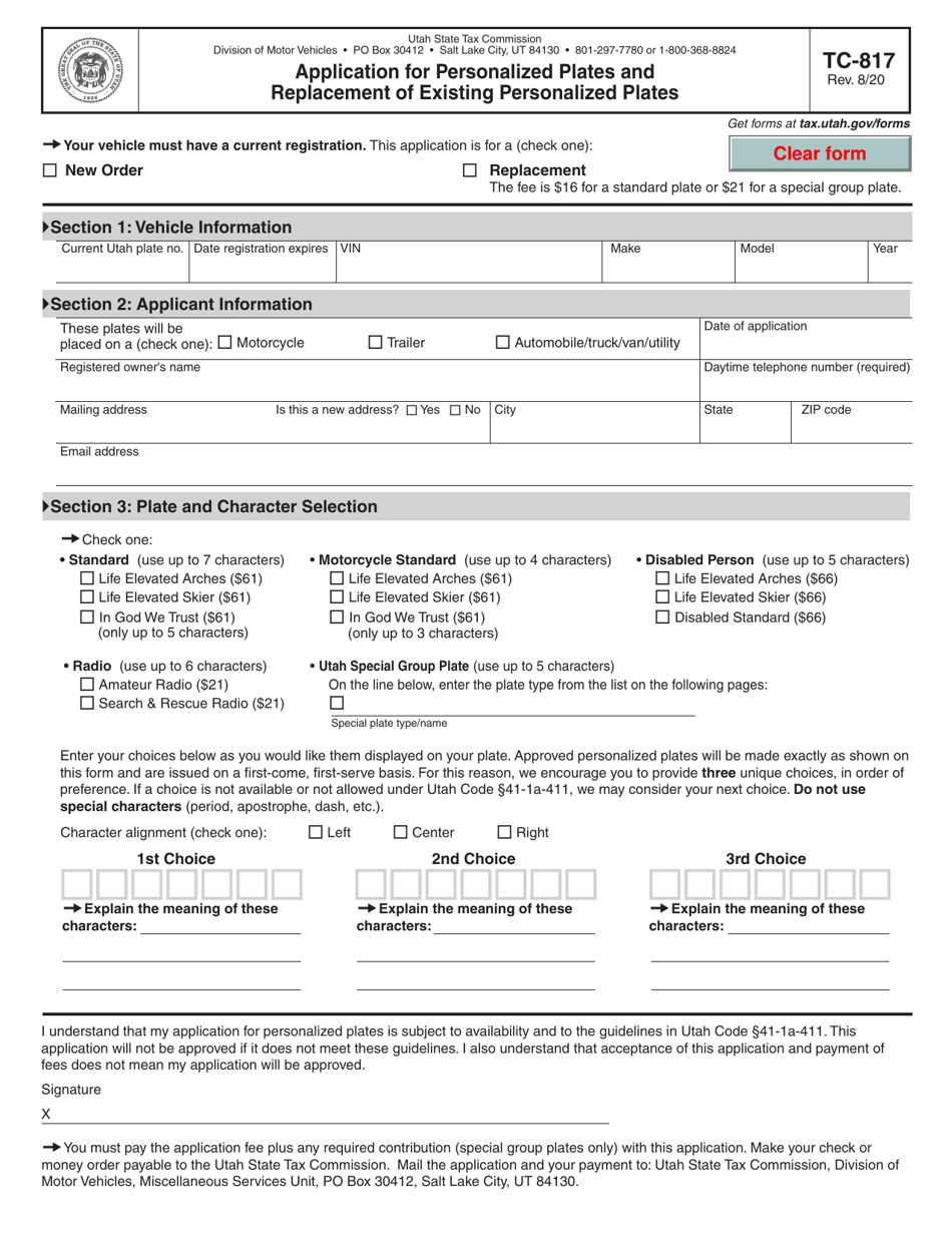 Form TC817 Download Fillable PDF or Fill Online Application for