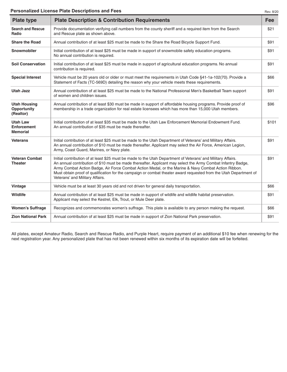 Form TC-817 Application for Personalized Plates and Replacement of Existing Personalized Plates - Utah, Page 3