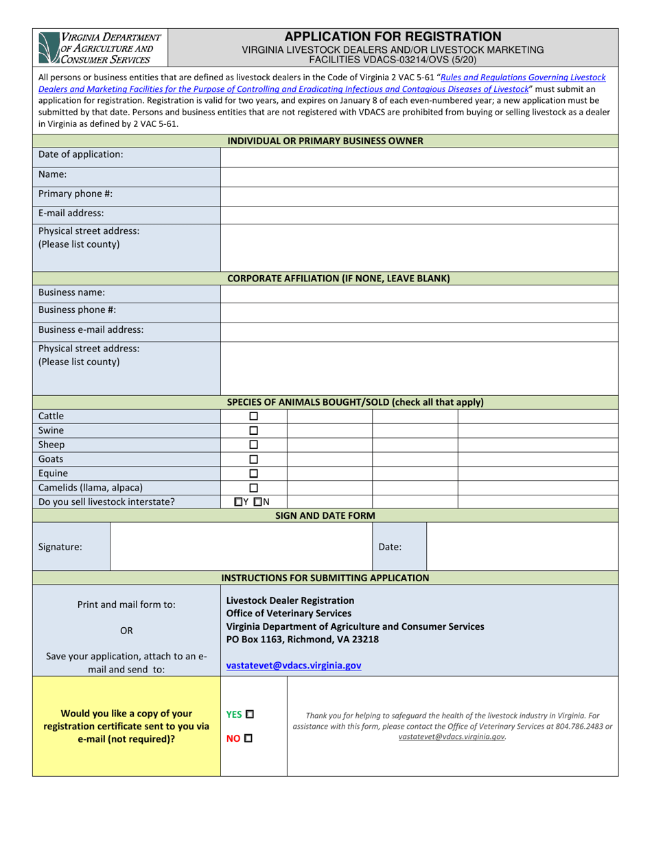 Form VDACS-03214 / OVS Application for Livestock Dealer Registration - Virginia, Page 1