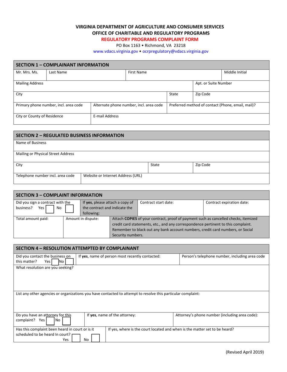 Regulatory Programs Complaint Form - Virginia, Page 3