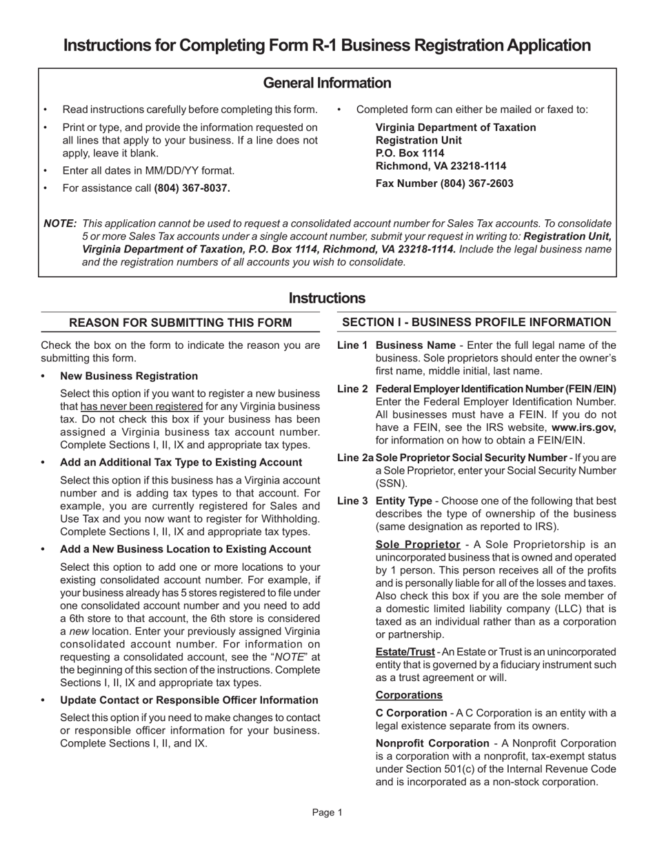 Instructions for Form R-1 Business Registration Form - Virginia, Page 2