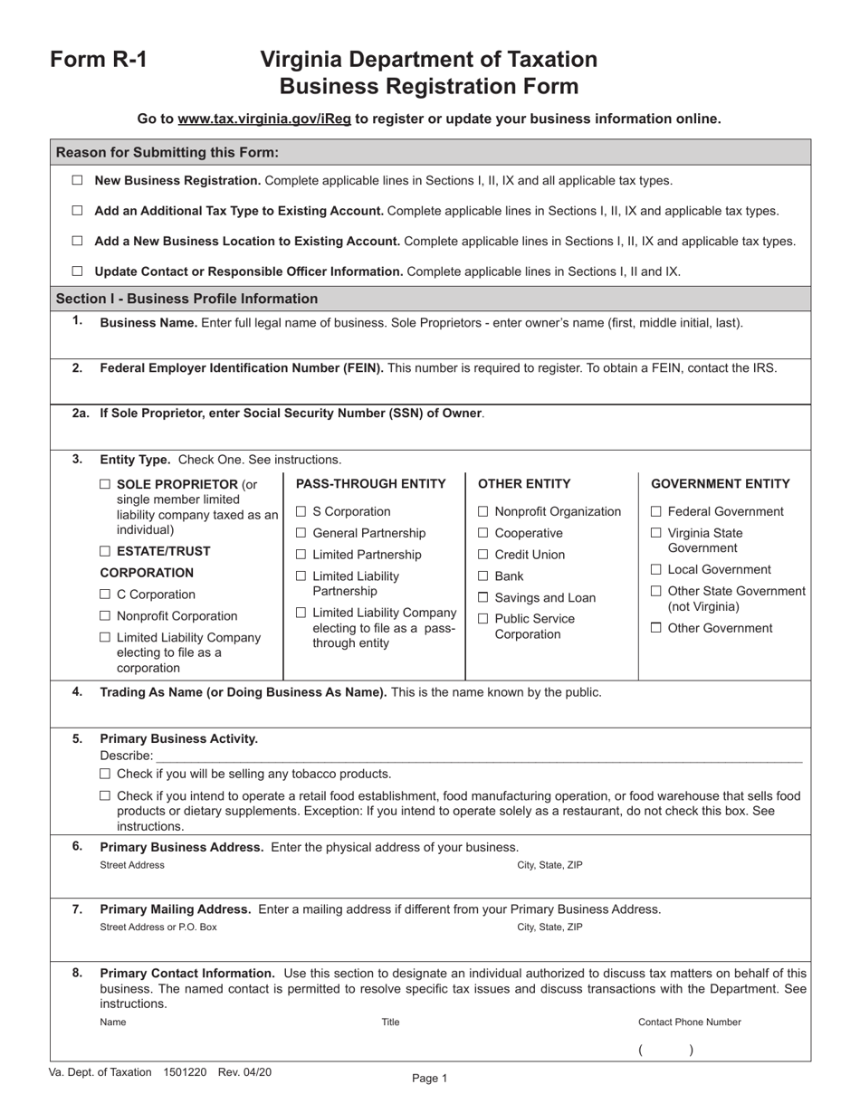 Form R-1 Business Registration Form - Virginia, Page 1