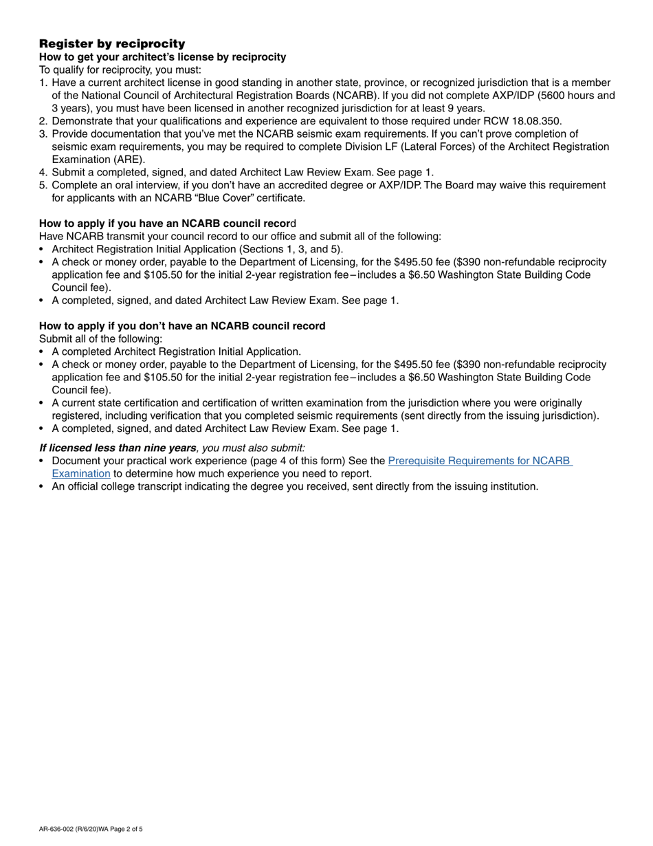 Form AR-636-002 Architect Registration Initial Application - Washington, Page 2