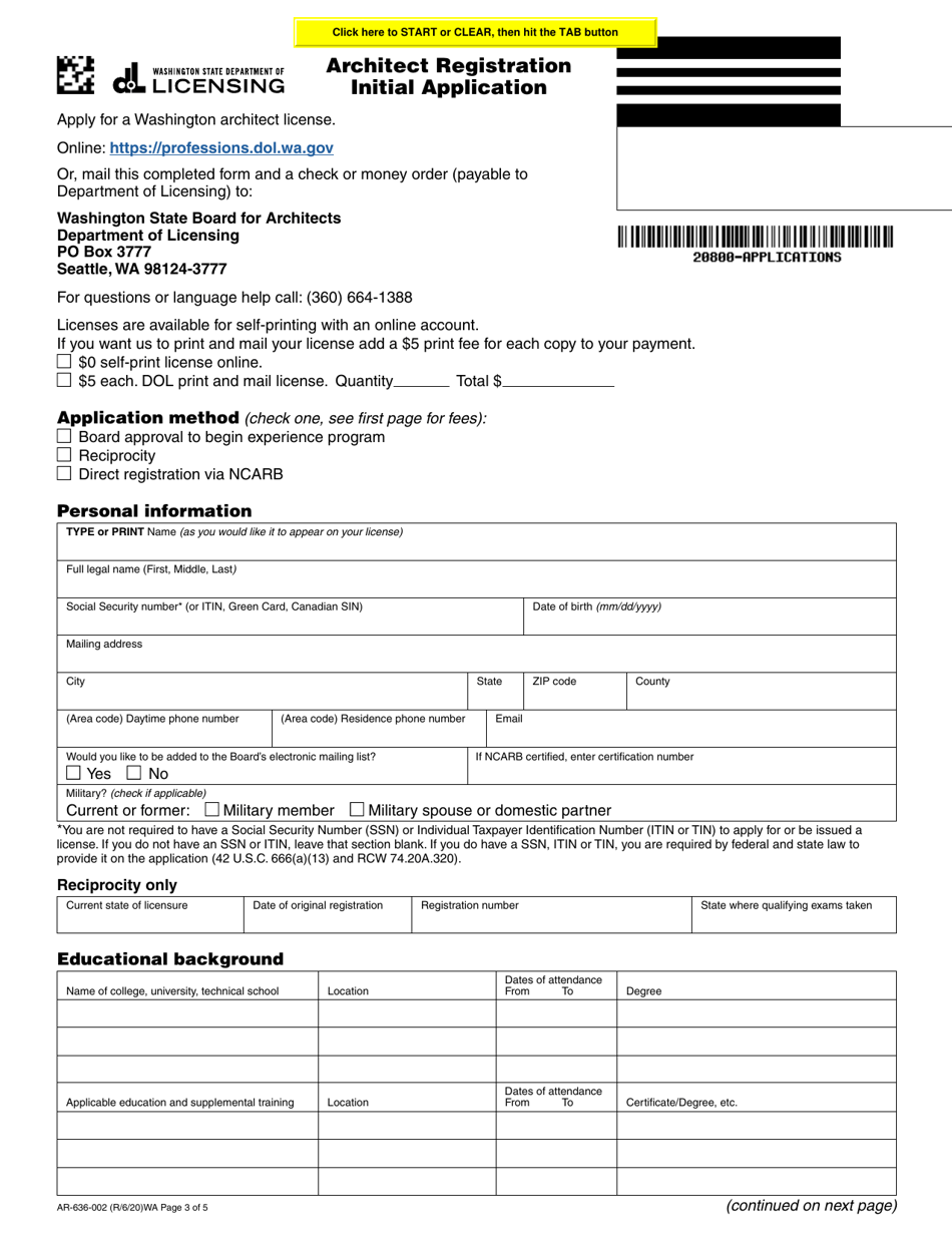 Form AR-636-002 Architect Registration Initial Application - Washington, Page 3