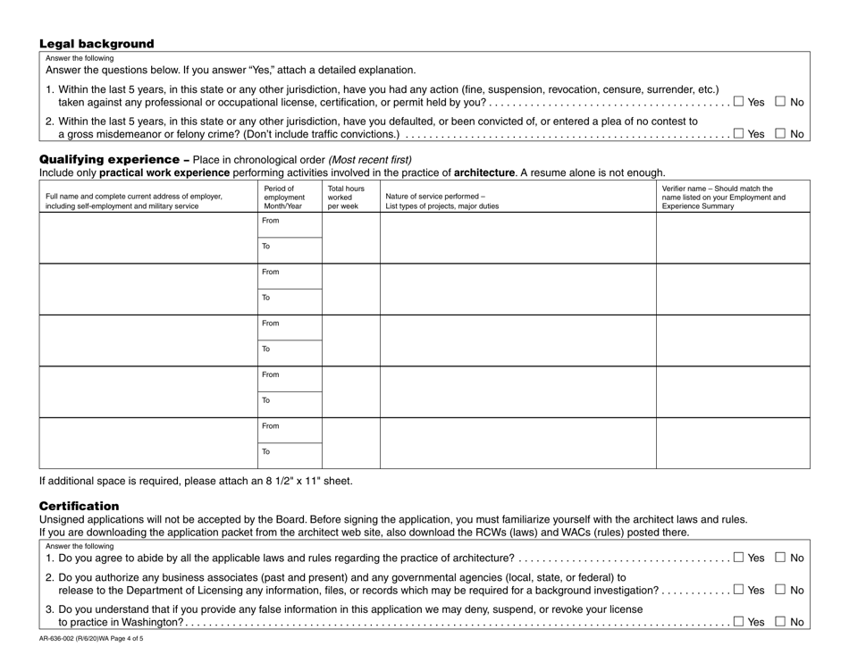 Form AR-636-002 Architect Registration Initial Application - Washington, Page 4