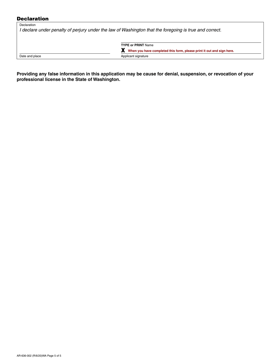 Form AR-636-002 Architect Registration Initial Application - Washington, Page 5