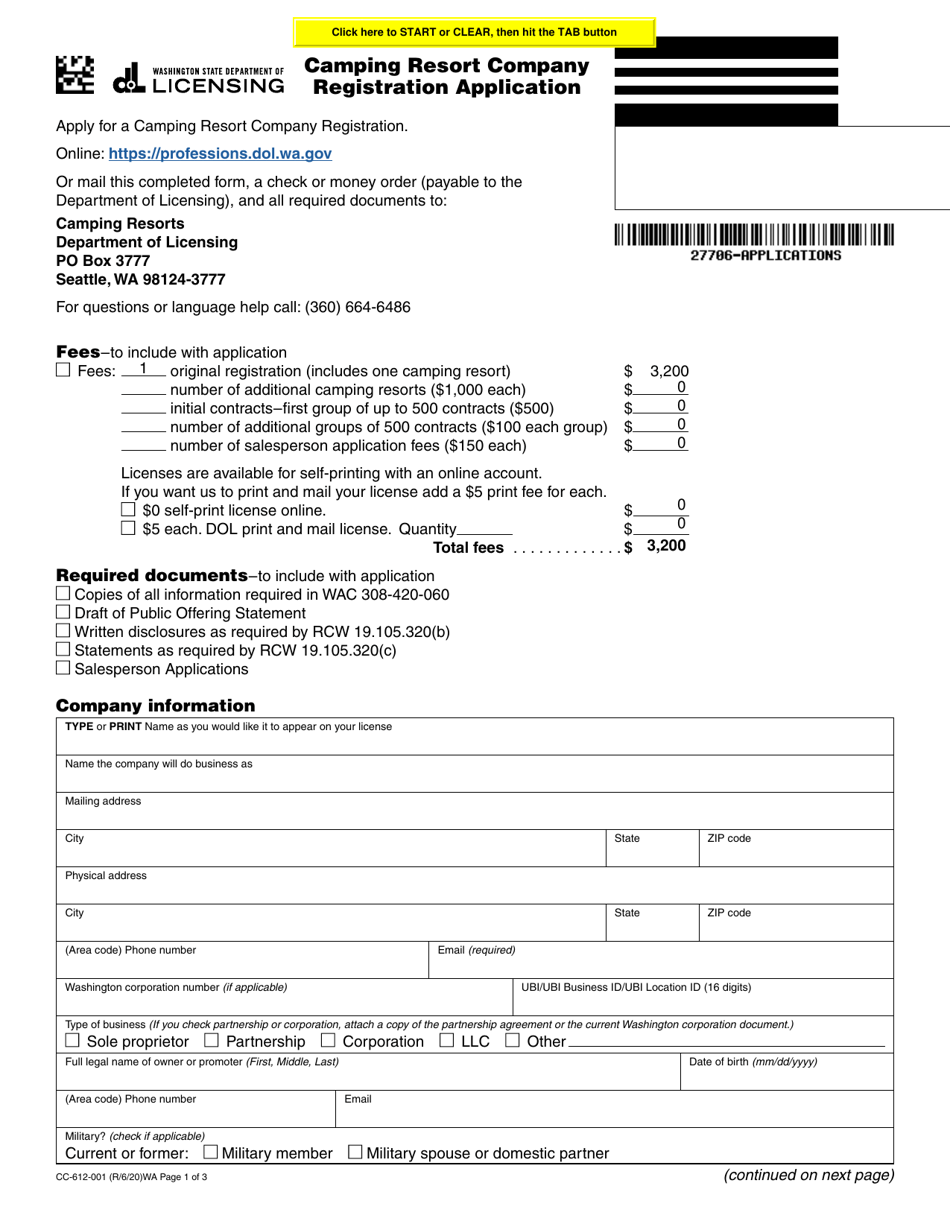 Form CC-612-001 Camping Resort Company Registration Application - Washington, Page 1
