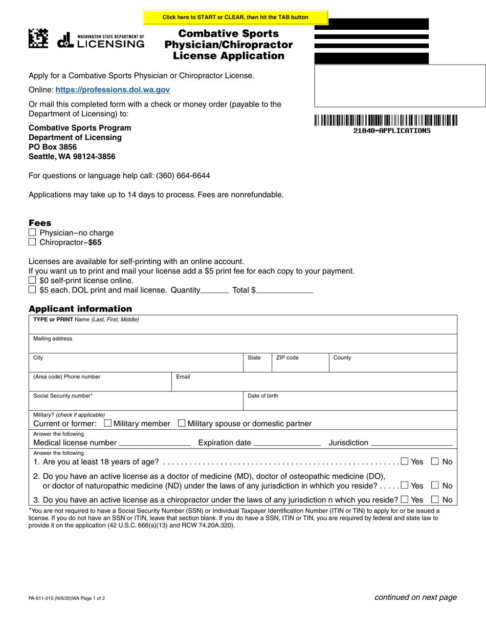 Form PA-611-015 Combative Sports Physician / Chiropractor License Application - Washington, Page 1