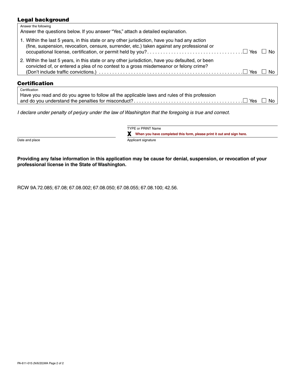 Form PA-611-015 Combative Sports Physician / Chiropractor License Application - Washington, Page 2