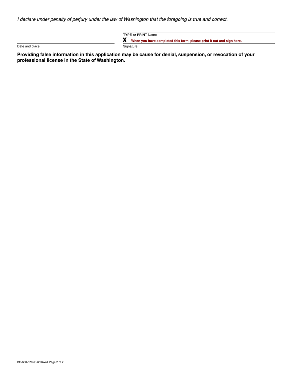 Form BC-638-079 Cosmetology, Hair Design, Barber, Manicurist, Esthetician, or Master Esthetician Apprentice Salon Shop Data Sheet - Washington, Page 2
