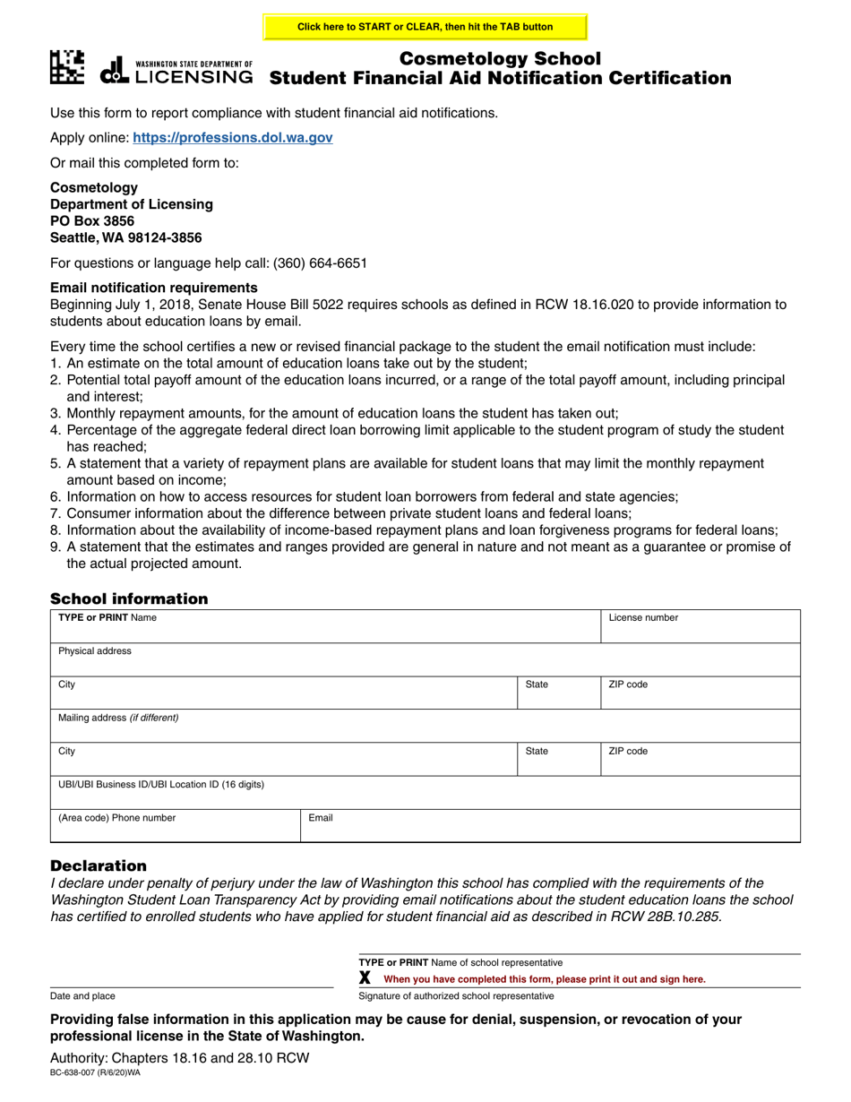 Form BC-638-007 Cosmetology School Student Financial Aid Notification Certification - Washington, Page 1