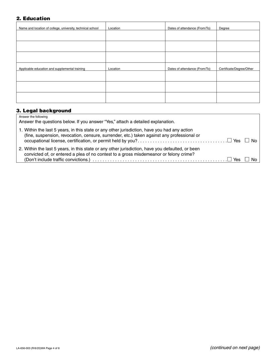 Form LA-656-003 Landscape Architect License Application - Washington, Page 4