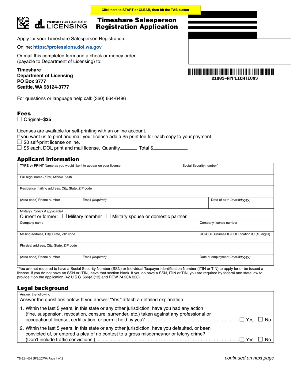 Form TS-624-001 Timeshare Salesperson Registration Application - Washington, Page 1