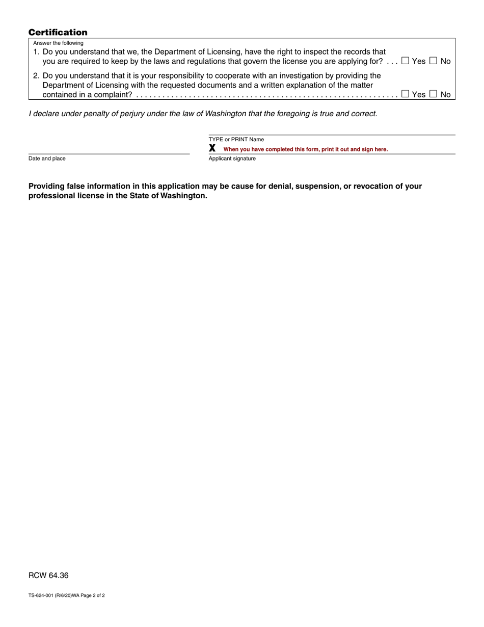 Form TS-624-001 Timeshare Salesperson Registration Application - Washington, Page 2